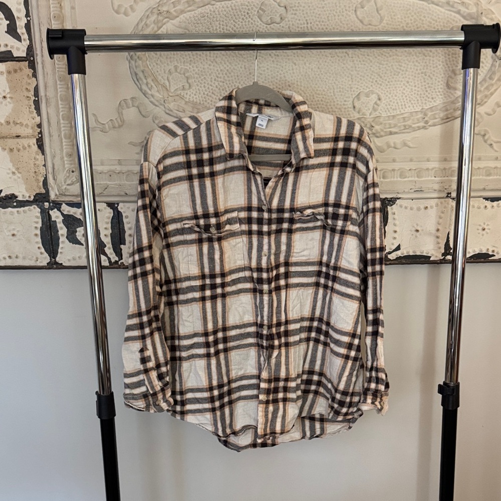 Old Navy Beige and Brown Plaid Men's Shirt